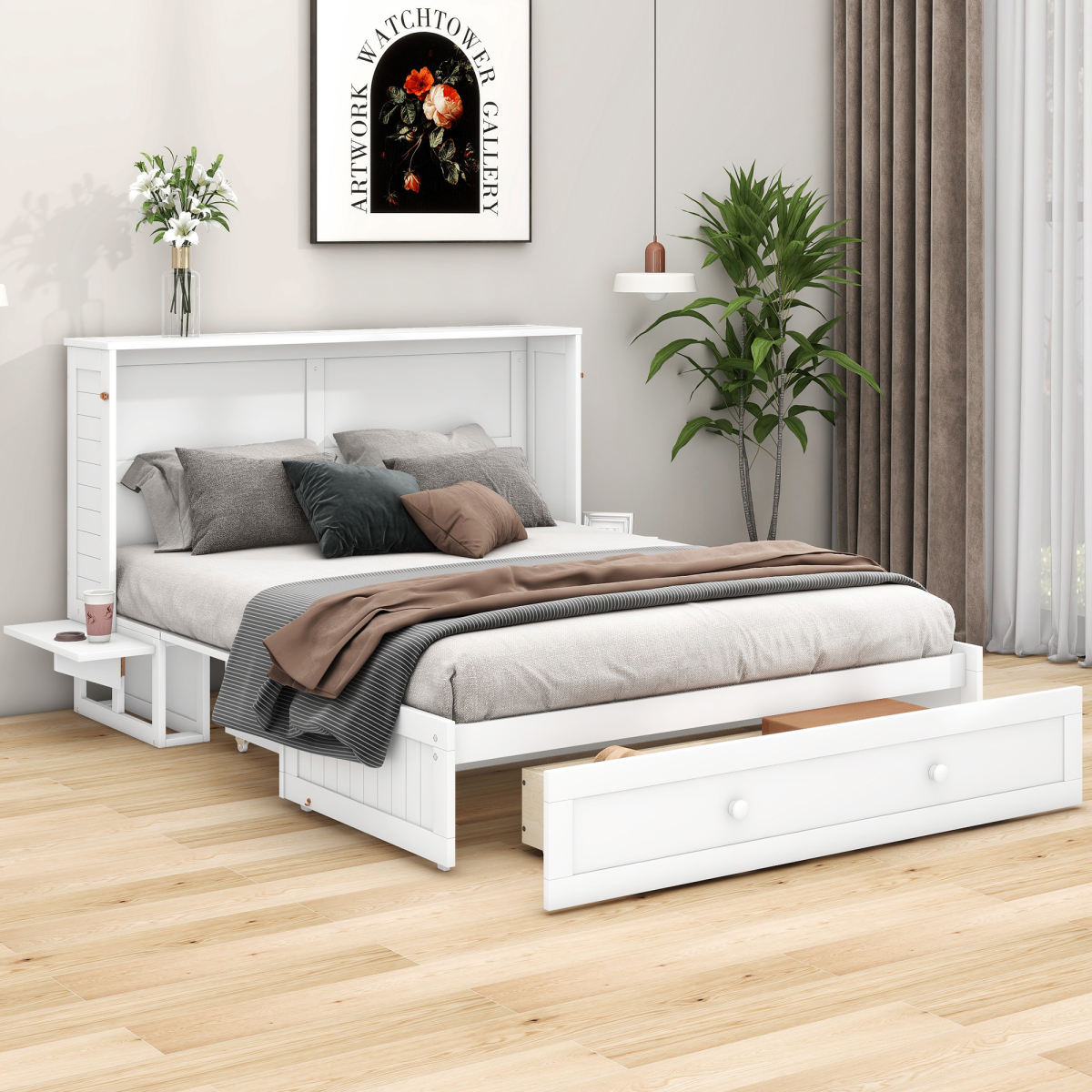 WX000705AAK 140 X 200 Mobile Murphy Bed With Drawers At The End Of The Bed And Small Shelf On The Side Of The Bed,Convertible Platform Beds, White