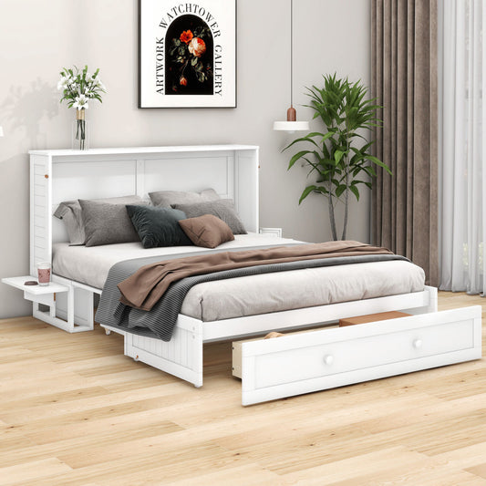 WX000705AAK 140 X 200 Mobile Murphy Bed With Drawers At The End Of The Bed And Small Shelf On The Side Of The Bed,Convertible Platform Beds, White
