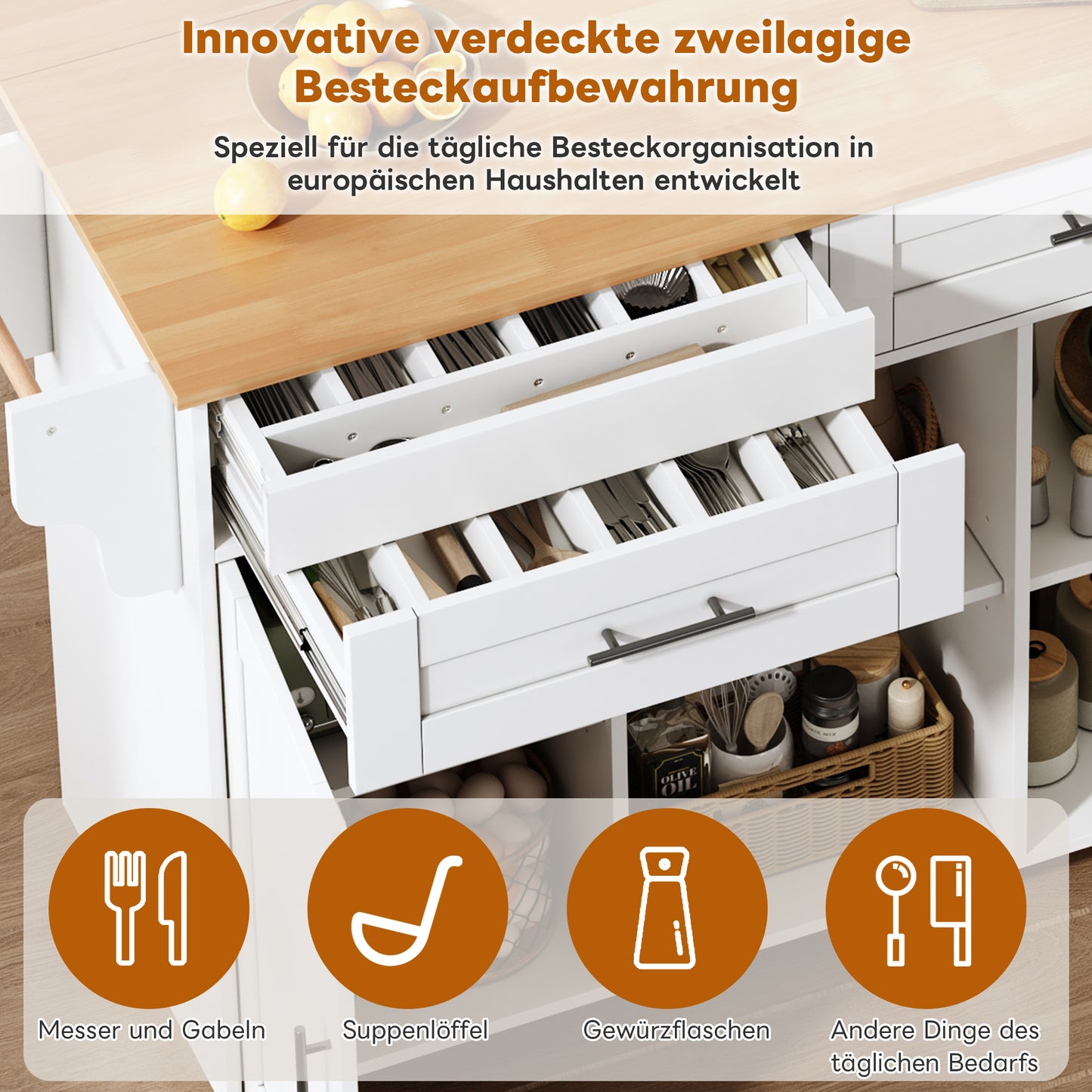 145 X 45 X 94.5 Cm, Multifunctional Mobile Kitchen Island With Folding Worktop, Adjustable Shelves, 5 Wheels, Concealed Cutlery Drawer  Suitable For Kitchens, Dining Rooms, Living Rooms, Etc.