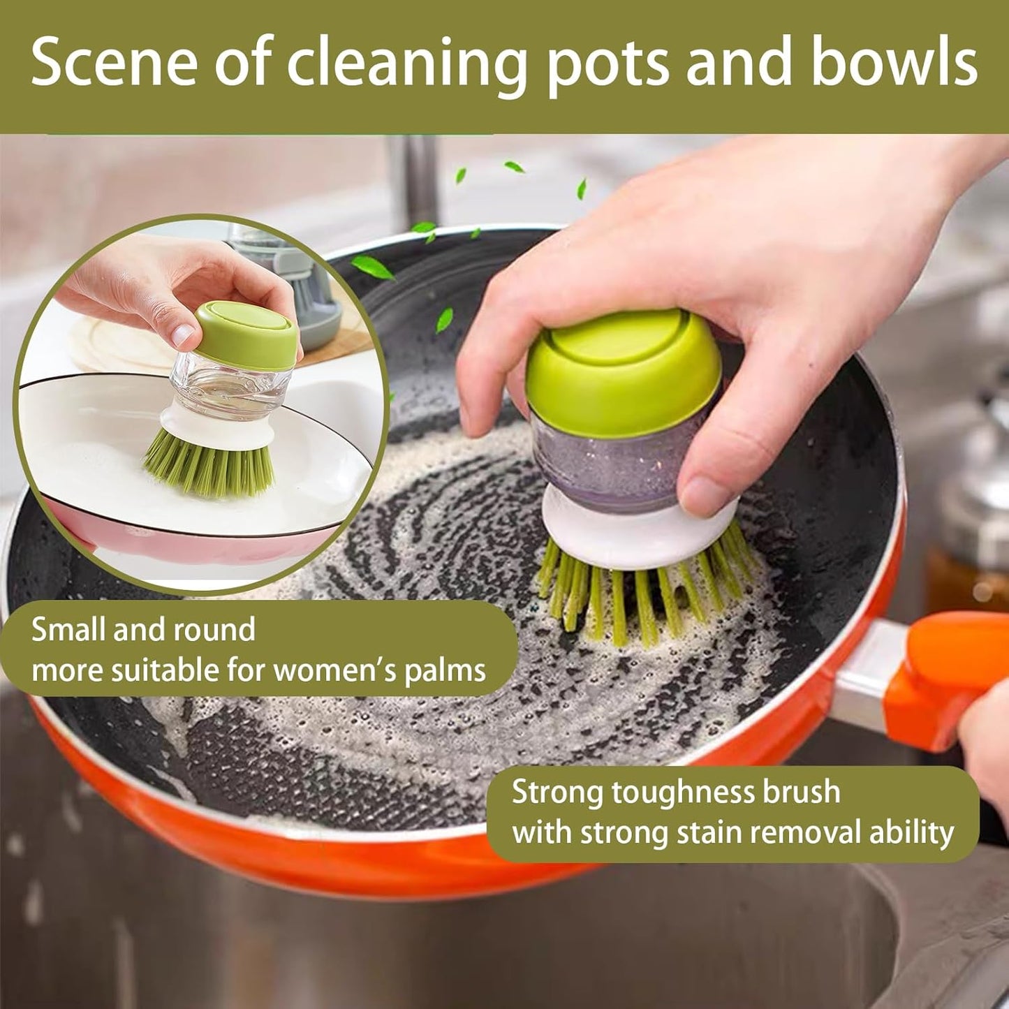 Soap Dispenser Dish Brush Palm Brush Scrub Brush Equipped With Storage Bracket And Drainage Base,Easy To Clean Kitchen Utensils And Sink,  For Cleaning Pan, Pot, Sink