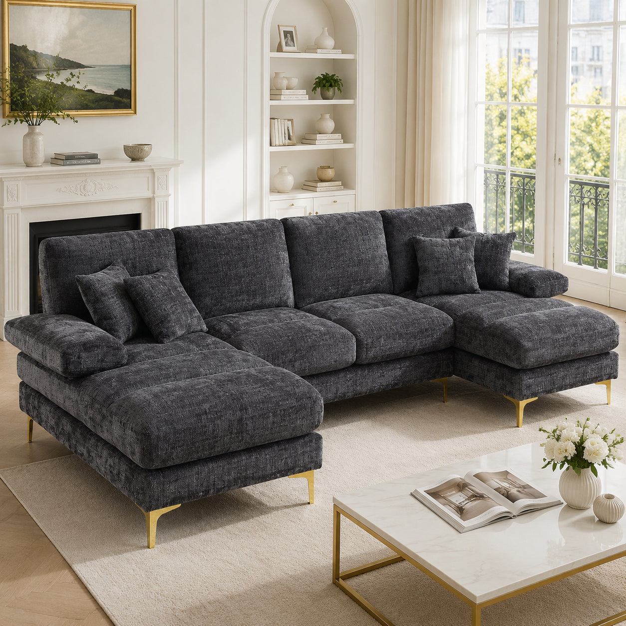Old SKU W1880S00028 Modern Large Chenille U-Shape Sectional Sofa With Double Reclining Seats For Living Room Bedroom Office Apartment Villa Living Room Home By The Fireplace