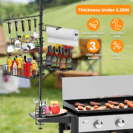 1Pc Griddle Caddy For Picnic With Paper Towel Holder Hook Baskets BBQ Accessories Storage Rack Vertical Standing BBQ Organizer Grill Utensil Storage Fit For Blackstone Griddle