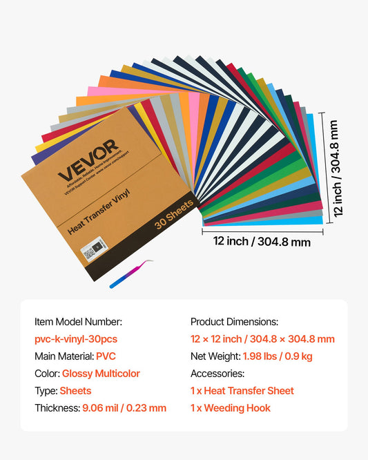 Heat Transfer Vinyl, 30 Pack, 12 X 12 In, Assorted Colors HTV Iron On Vinyl Bundle, Easy To Cut And Weed, With Accessories, Compatible With Cutting Machines, For Various Materials, T-shirts