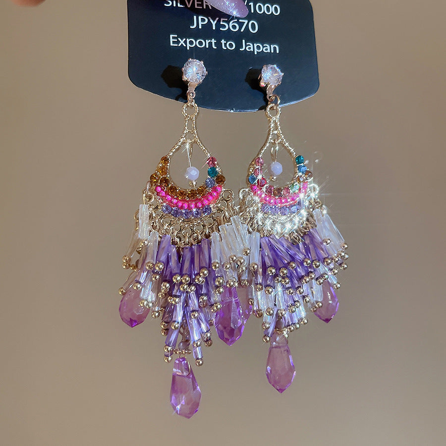 Korean Style Purple Earrings For Women Crystal Flower Rhinestone Studs Elegant Versatile