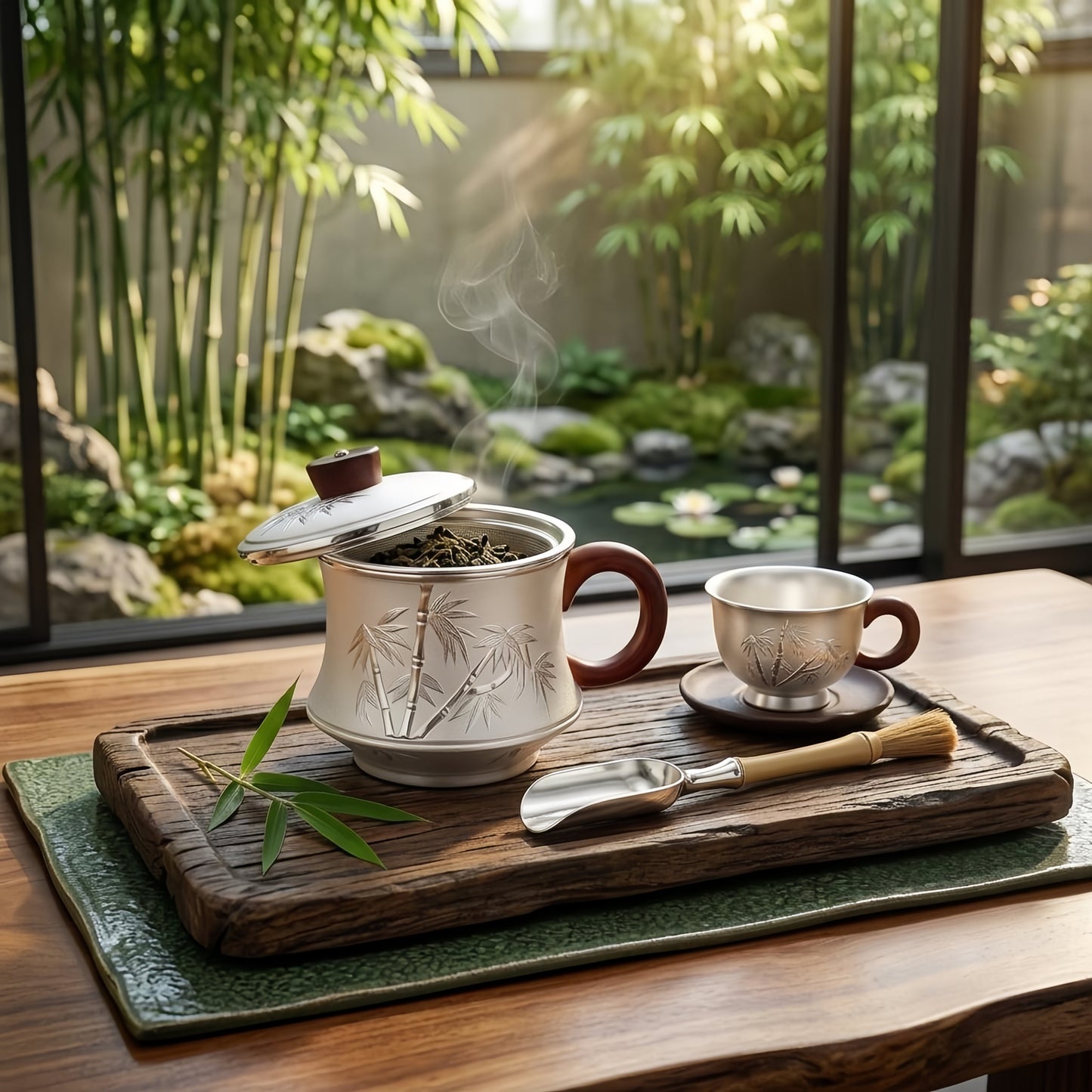 Pure 999 Fine Silver Handcrafted Silver Tea Mug with Bamboo Relief and Rosewood Accents - Handicraft