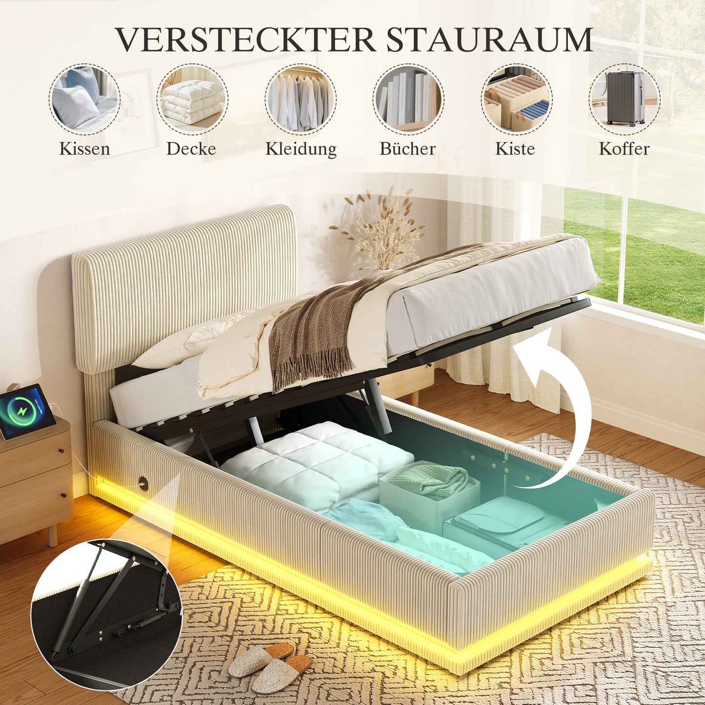 Modern Upholstered Beds With LED Lighting And USB-C Charging Function, Height-adjustable Headboard, Corduroy Fabric, Sturdy Slatted Frame, Large Underbed Storage Space And Comfortable Upholstered Head