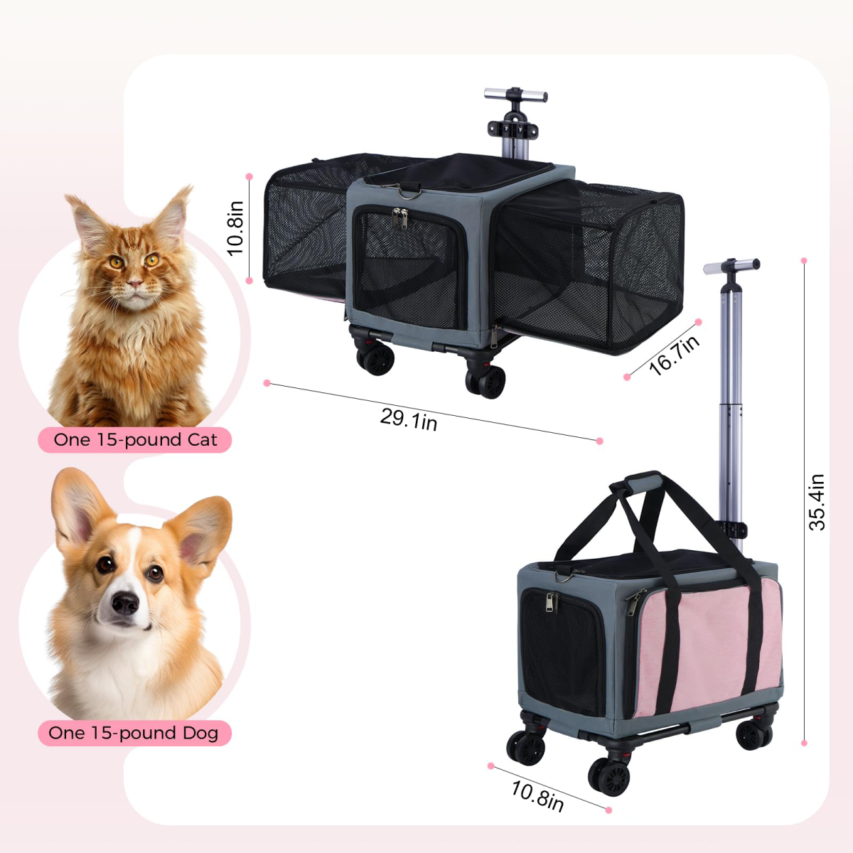 3-Sided Expandable Rolling Pet Carrier With Wheels, Small Cat Dog Travel Carrier, Foldable Portable Bag Grey  For Travel Camping Vet Outdoor Indoor Use