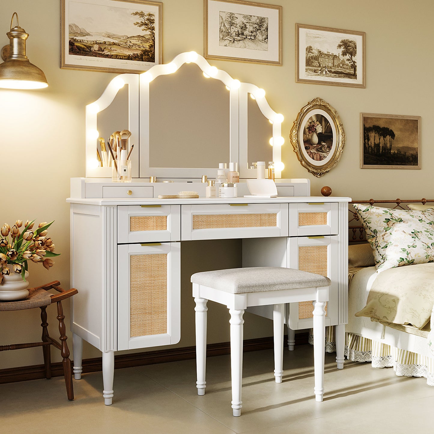 44.37  Makeup Vanity Desk With 13 Hollywood Bulbs And 3 Lighting Modes, Dressing Table With Tri-Fold Mirror   Large Vanity Table With 5 Drawers And Shelves And  Charging Station For Bedroom, White