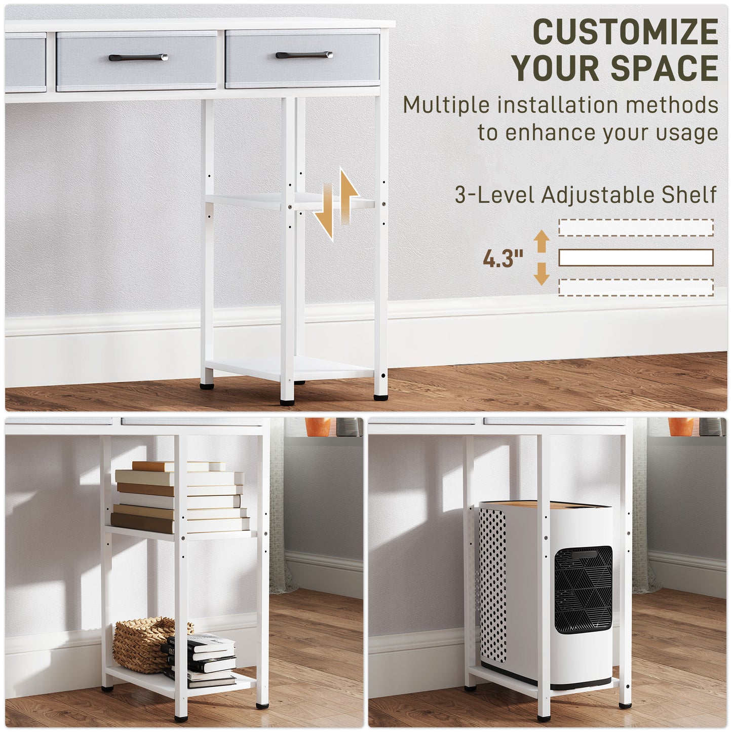 47" Small Computer Desk, Writing Desk With Fabric Drawers, Home Office Desk With Adjustable Shelves, White