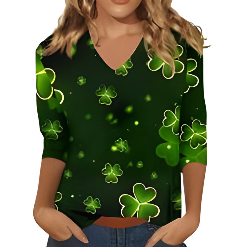 Womens Fashion V-neck Printed Loose-fitting Long-sleeve