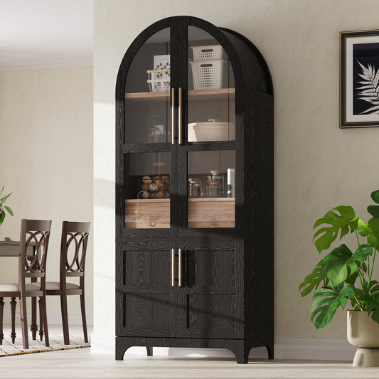 K&K 71  Tall Arched Kitchen Pantry Cabinet With Door Shelves, Farmhouse Kitchen Storage Cabinet With Open & Adjustable Shelves, Hidden Drawer & Glass Door, Cupboard For Kitchen, Dining Room, Black