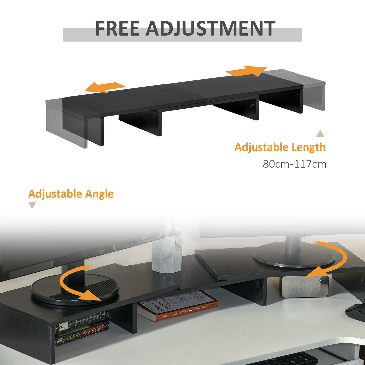 Vinsetto Dual Monitor Stand Riser With Adjustable Length And Angle, Screen Riser For Laptop, Computer, PC, Printer, TV, Black