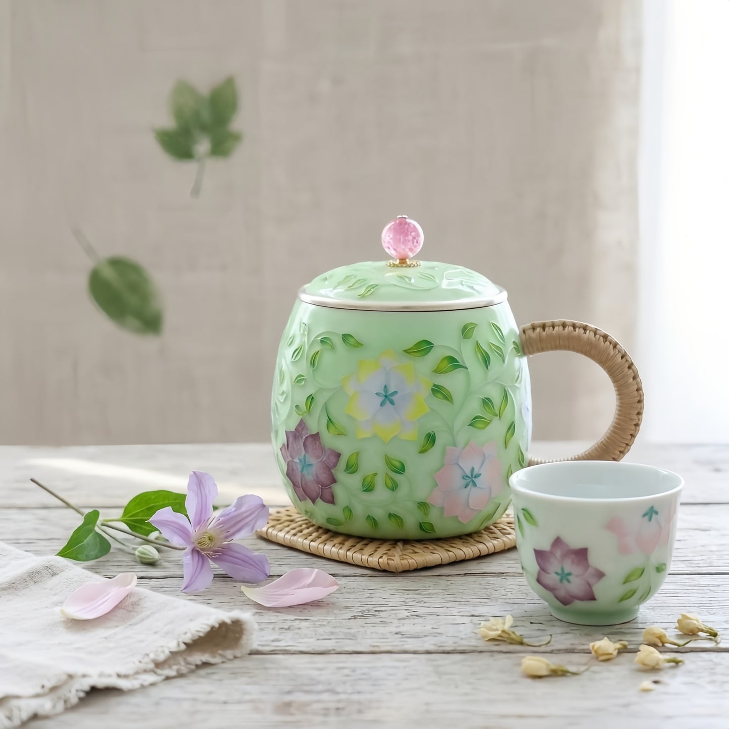Pure 999 Fine Silver Elegant Mint Green Floral Tea Mug with Woven Handle and Rose Quartz Lid Finial - Handicraft