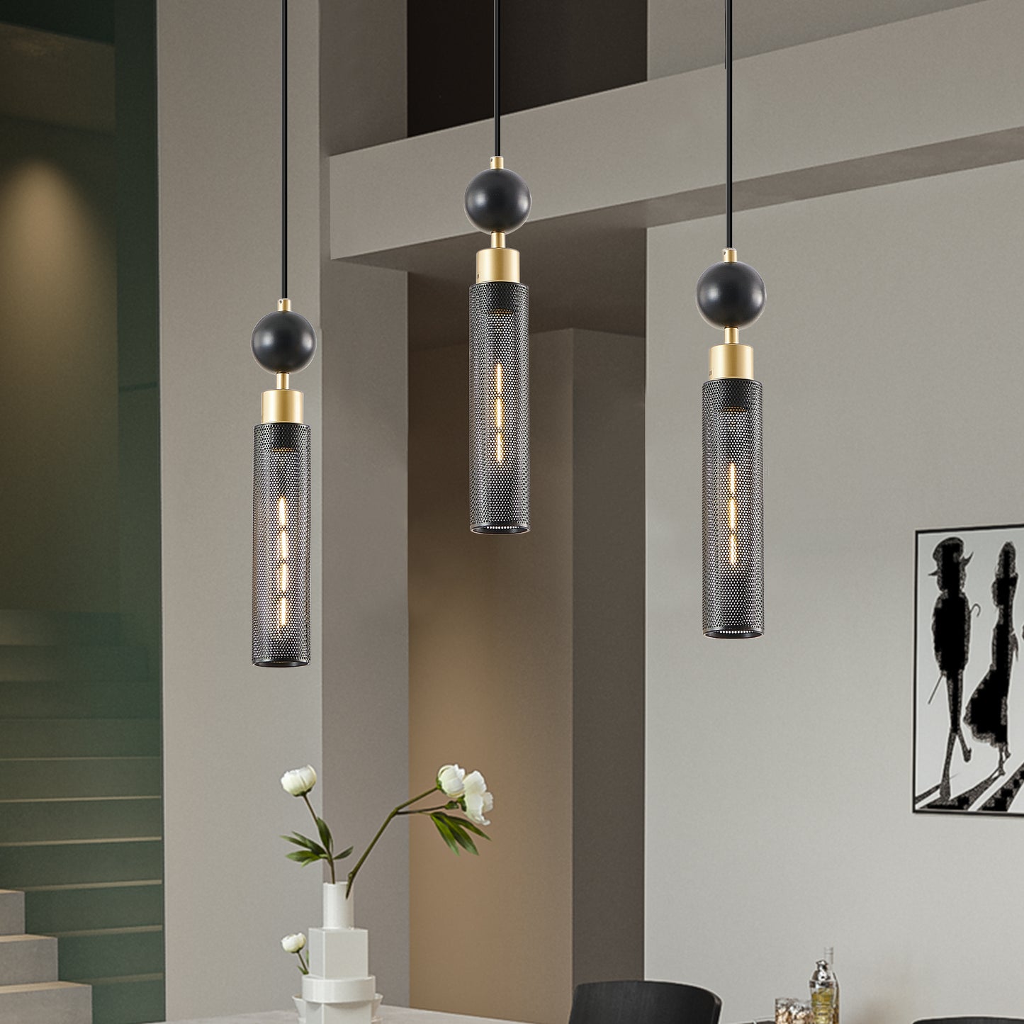25  Modern Black And Gold 3-Light Pendant Chandelier, Adjustable Hanging Lights With Cylindrical Mesh Shades, E26 Base, Ideal For Dining Room, Kitchen Island, Or Living Room Lighting No Bulbs