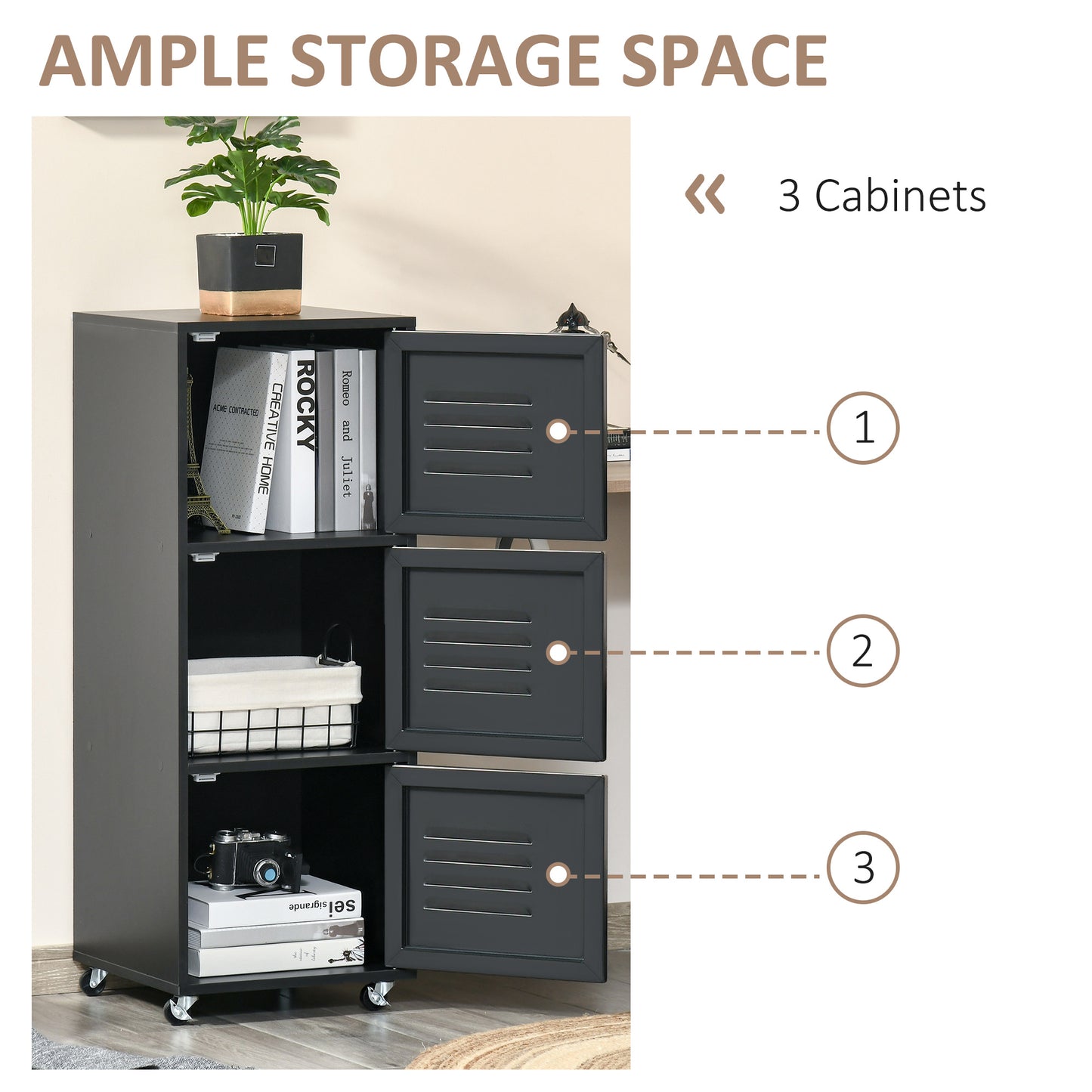 Rolling Storage Cabinet 3-Tier Mobile File Cabinet With Wheels & Metal Doors For Home Office, Living Room, Black