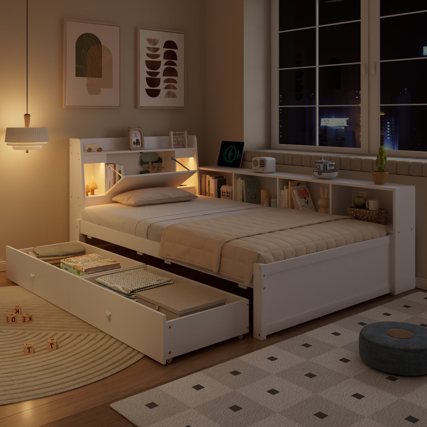 Single Bed, Panel Bed, Headboard With Storage Compartment  2 Lights, With Charging Socket, Side Storage Cabinets And Drawers, Pine Chipboard MDF, White, 90x200cm