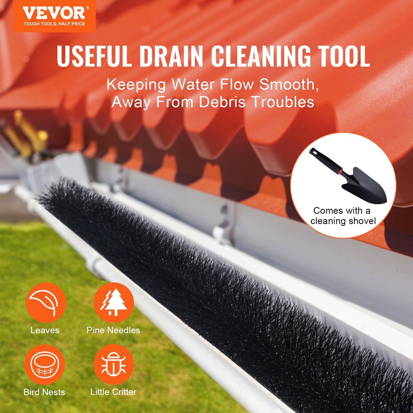 Gutter Brush, 60 Feet Total Length 4.33 Inch Diameter Gutter Cleaning Tools, Ground-Level Gutter Brush Leaf Guard For 5 Inch Gutters, Easily Clear Roof Leaves And Debris, 20 Pack