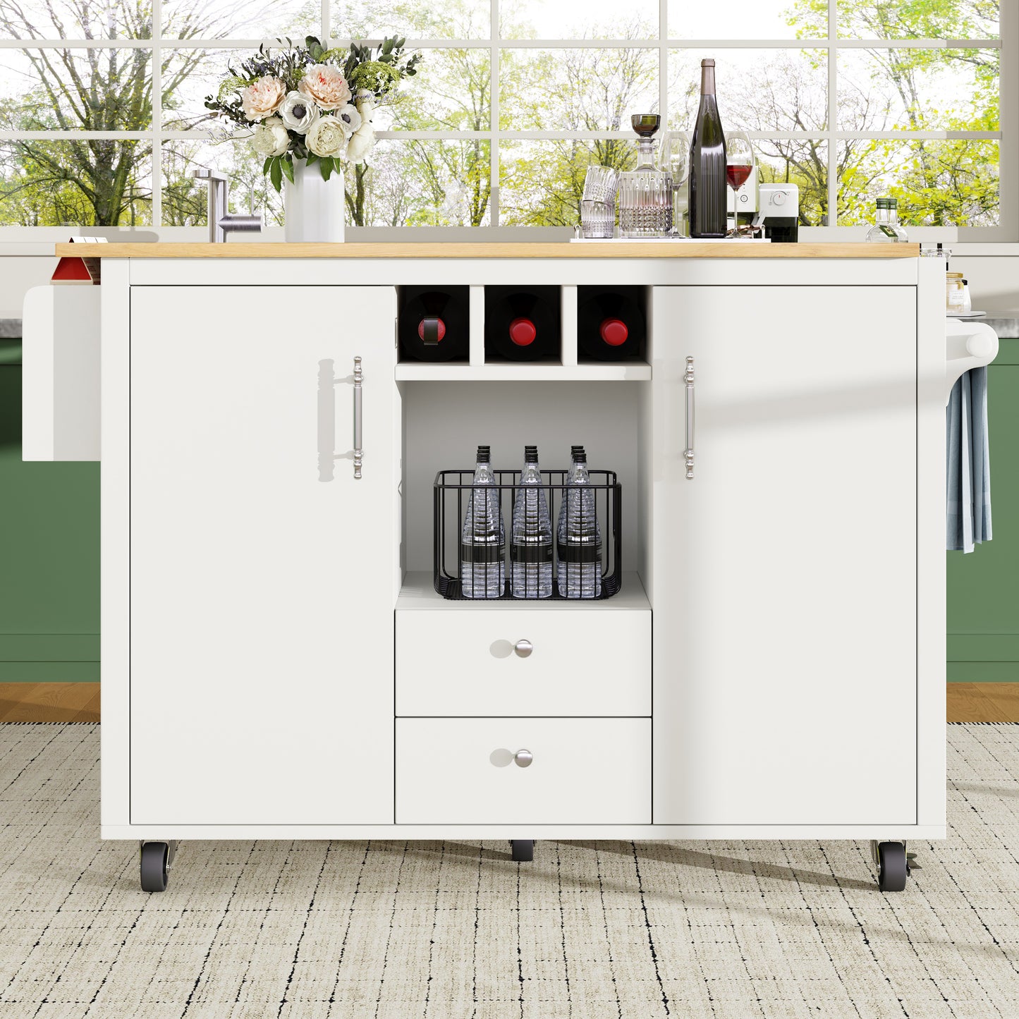 Kitchen Island Buffet Cabinet 120 X 73 X 92 Cm Kitchen Cabinet Kitchen Trolley And Folding Worktop With Towel Rail Spice Rack Door Rack Wine Rack And Adjustable Shelves, White Black