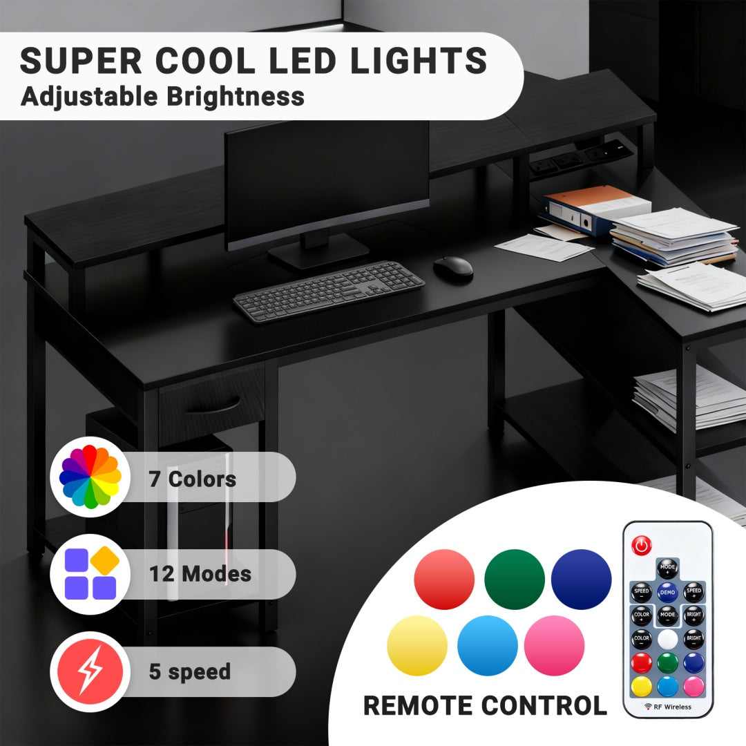 53-inch Gaming Table With USB Charging Port And LED Light, Reversible L-shaped Table With Power Socket And Monitor Stand