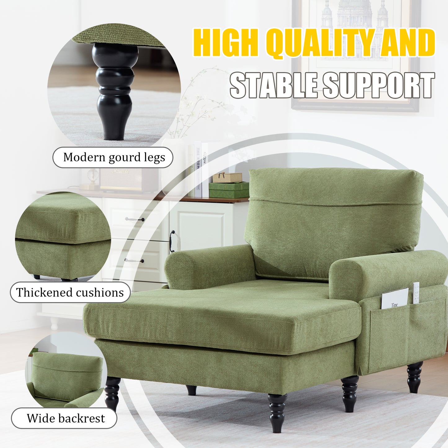Modern Minimalist Chenille Fabric Chaise Lounge Recliner Single Sofa Living Room Bedroom Rest Chair Wooden Sofa Legs With Comfortable Backrest And Armrests Side Pockets For Storage Suitable For Office