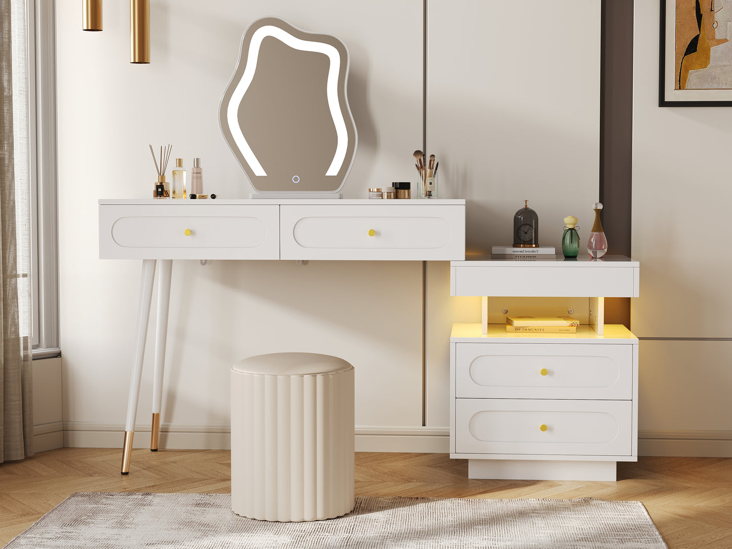 Dressing Table With LED Mirror And Lighting - White Dressing Table Set For Bedroom With 4 Spacious Drawers And 1 Open Storage Compartment - White, Dimensions W140 D40 H130 Cm Without Stool