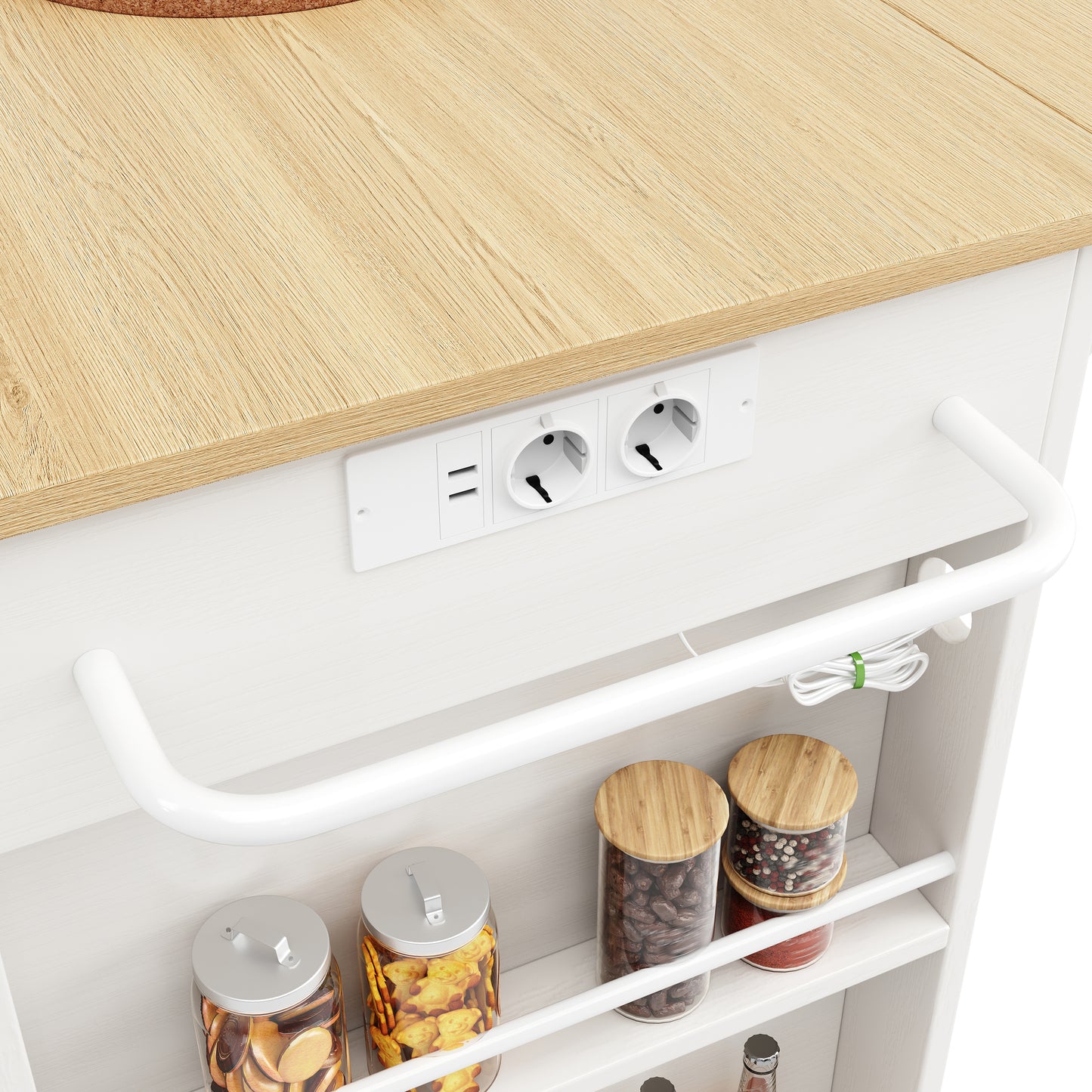 Kitchen Island, Kitchen Trolley Equipped With Power Strip, Kitchen Cabinet, Serving Trolley With Worktop, Buffet Cabinet, Dining Trolley With Wood Grain, Buffet Cabinet, White