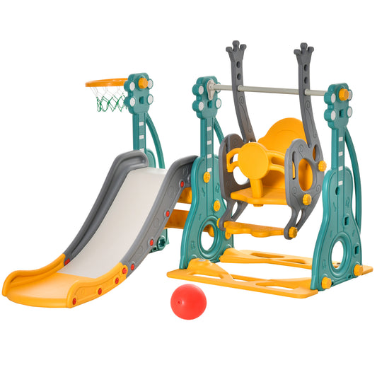 3-IN-1 Kids Swing And Slide Set With Basketball Hoop Slide Swing Adjustable Seat Height Toddler Playground Activity Center Indoor And Outdoor Play Equipment