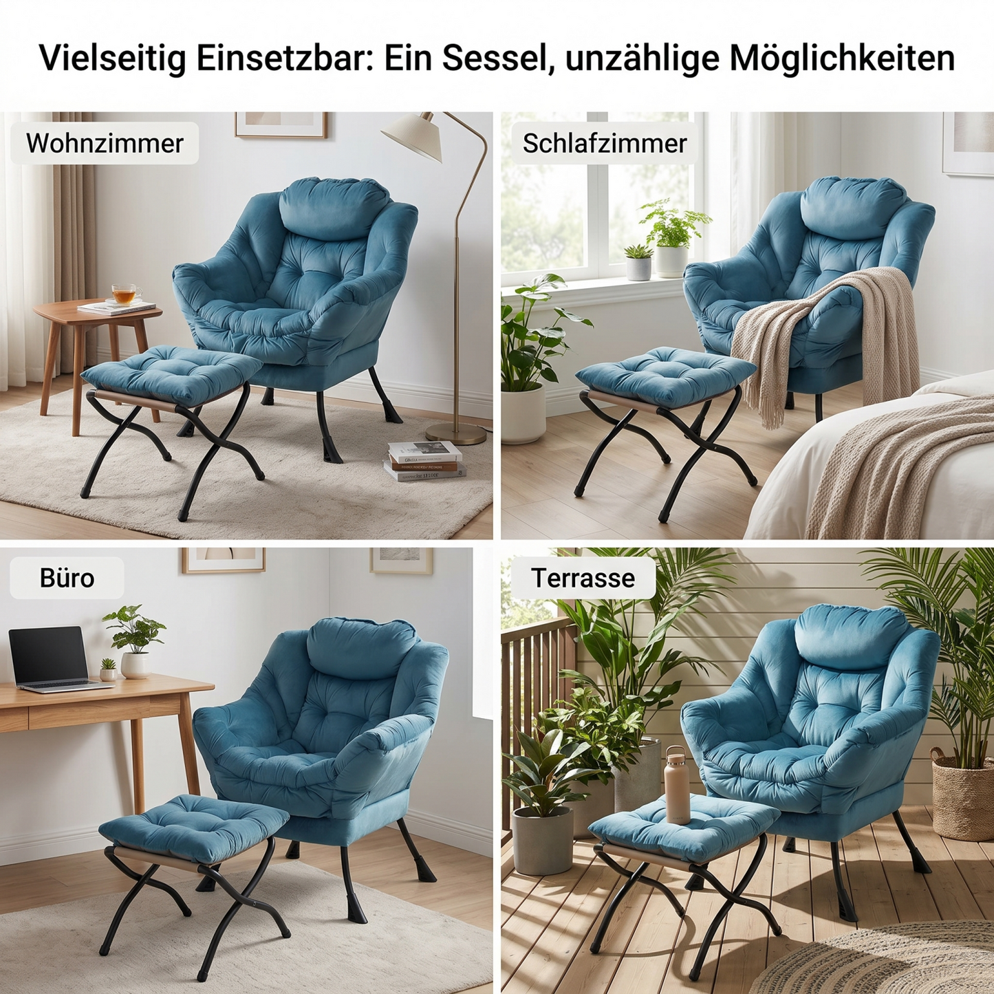 Armchair With Stool, Recliner With Armrests, Side Pocket & Footrest, Lounge Chair, TV Armchair, Wing Chair For Living Room, Bedroom, Office Blue