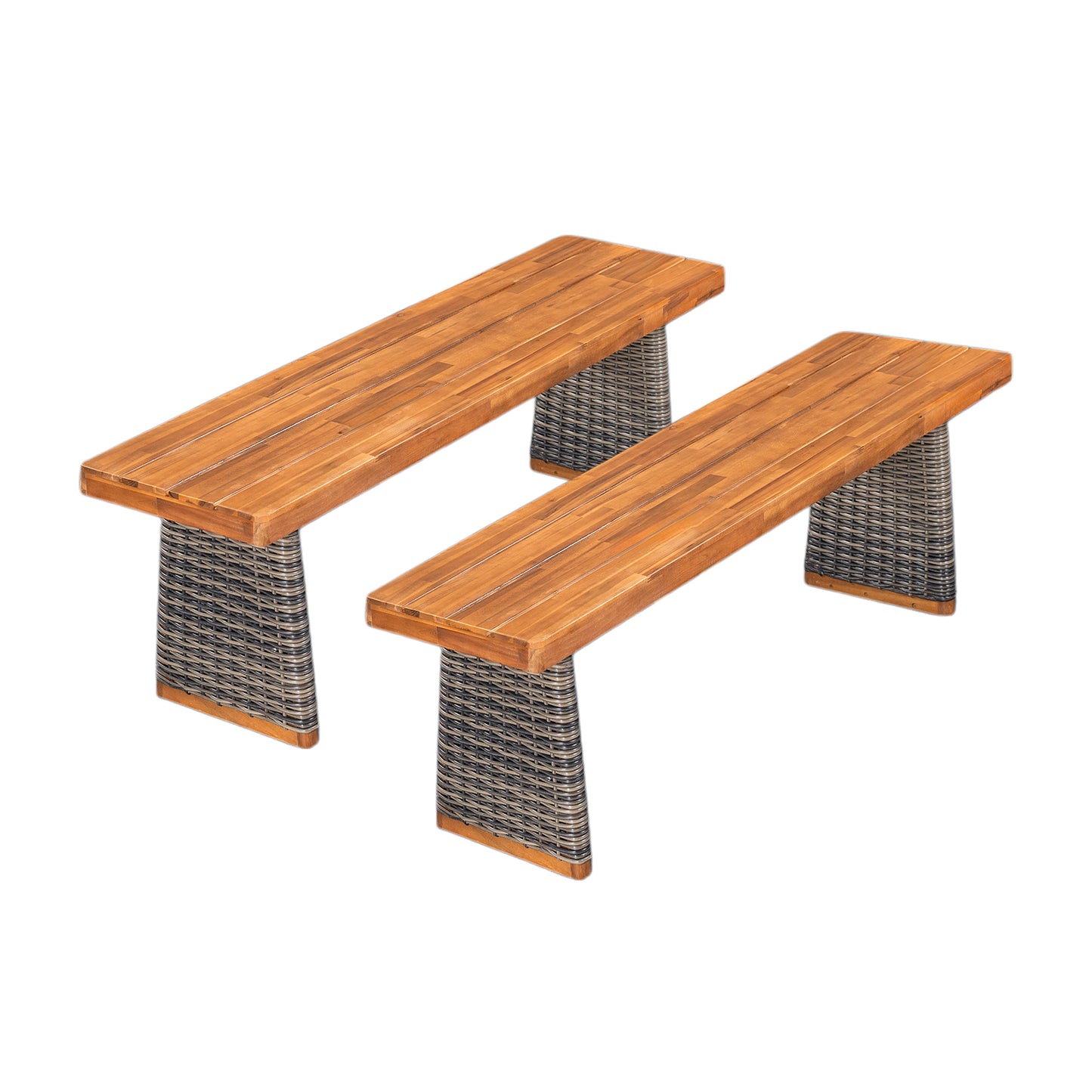 Outdoor Acacia Wood Bench Set Of 2 ,Teak Finish  Grey Wicker