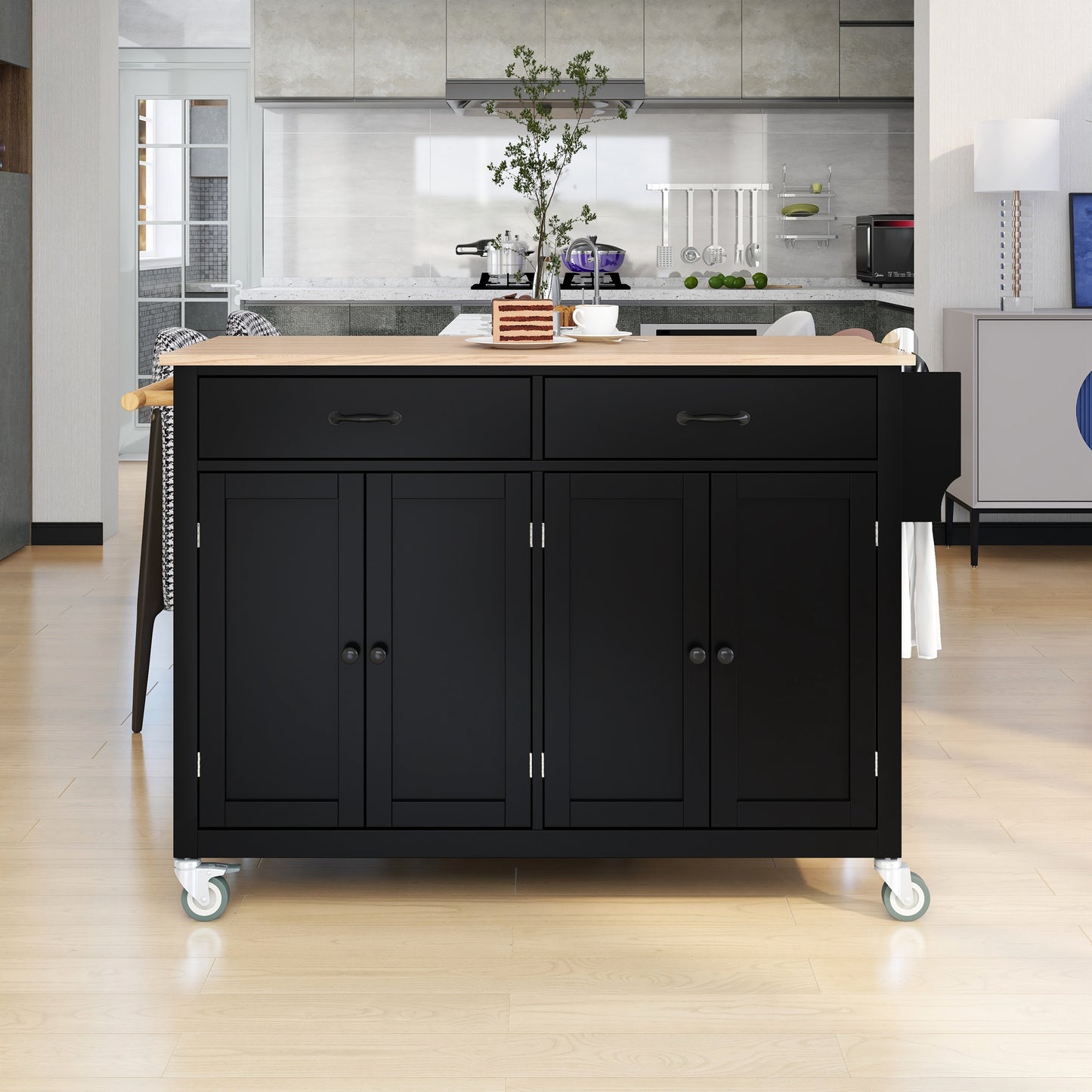 Kitchen Island Cart With Solid Wood Top And Locking Wheels,54.3 Inch Width,4 Door Cabinet And Two Drawers,Spice Rack, Towel Rack  Black