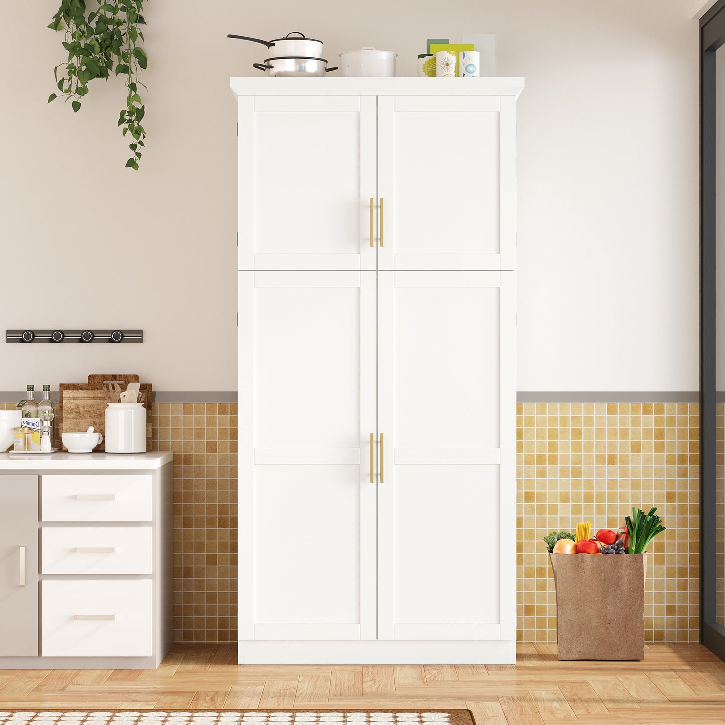 TOPMAx 35.5x17.6x70.9inch Freestanding Kitchen Pantry Cabinet  Tall Storage Cabinet With 4 Doors  2 Door Shelves  8 Pull- Out Trays And Adjustable Shelf For Dining Room  White