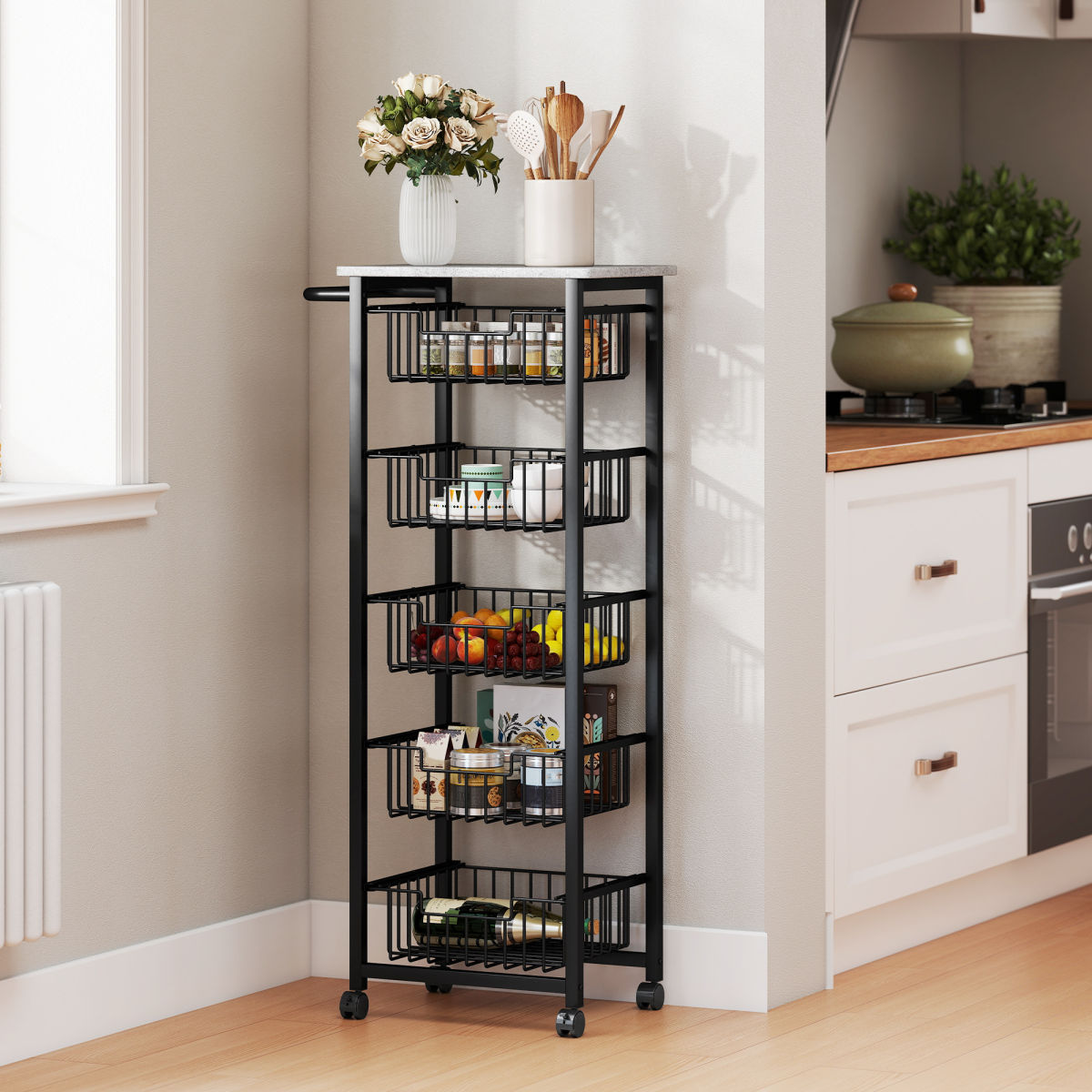 Five Basket Mobile Kitchen Island, With Brakes - Grey/Black