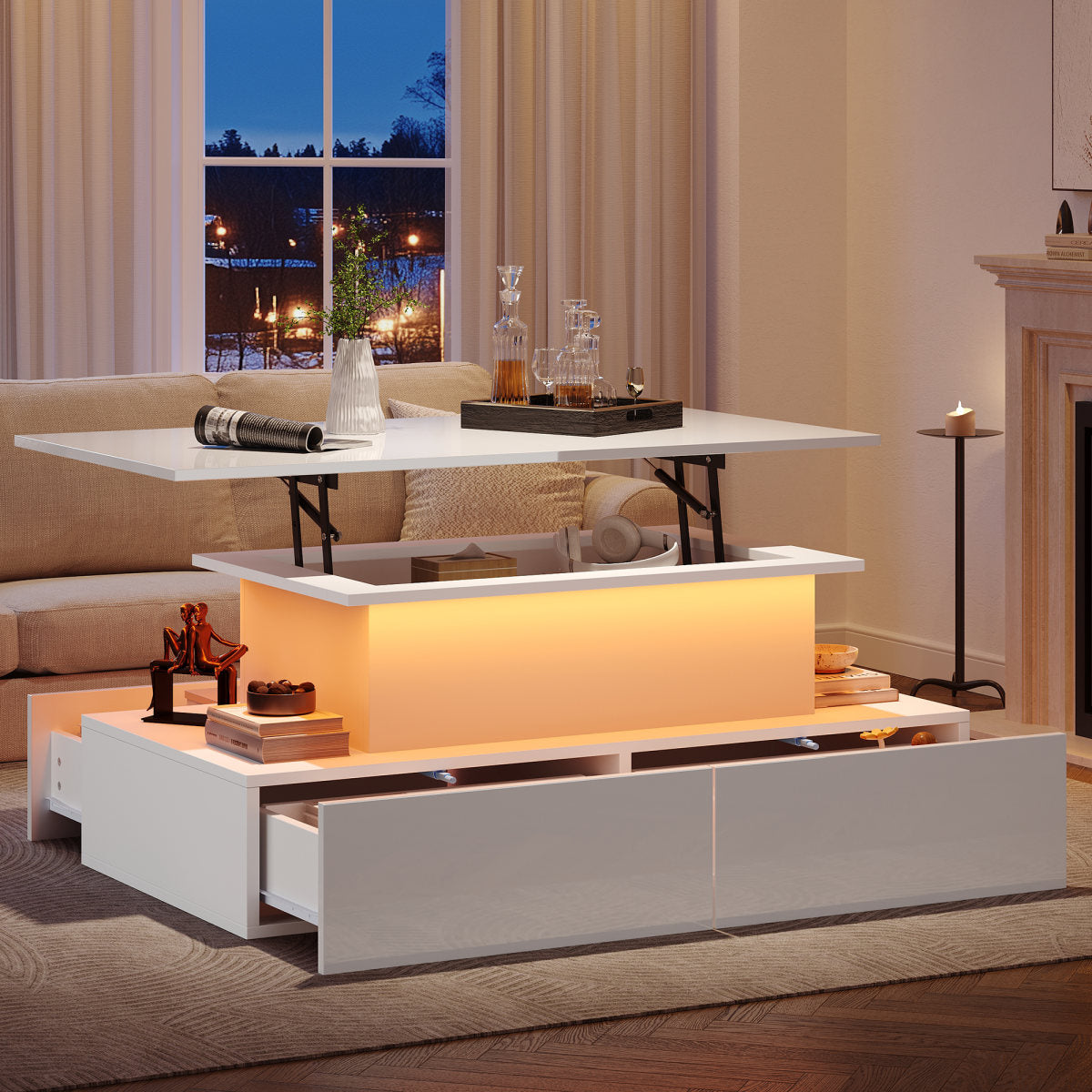 Modern White High Gloss Coffee Table With LED Lighting And 4 Drawers  Stylish 90x55x41 Cm Side Table With Storage, Loadable Up To 30 Kg