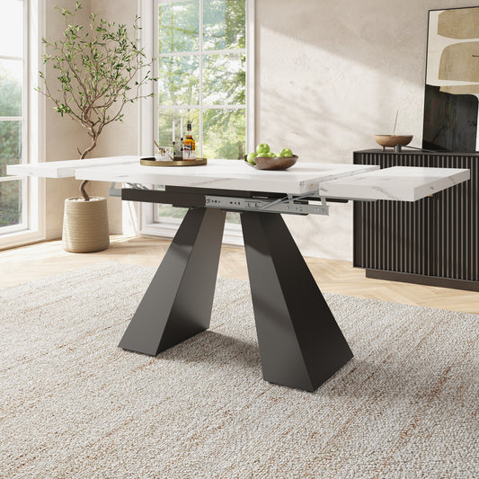 Telescopic Dining Table  99-159x74cm , Extendable Dining Table, Space-Saving Kitchen Table, Wide Work Surface, Flexible Design, For Home Office And Living Room, White Table Top With Pillar Legs