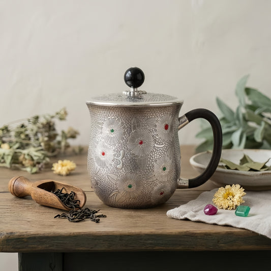 925 Sterling Silver Intricately Engraved Silver Floral Tea Mug with Lid and Elegant Dark Handle - Handicraft