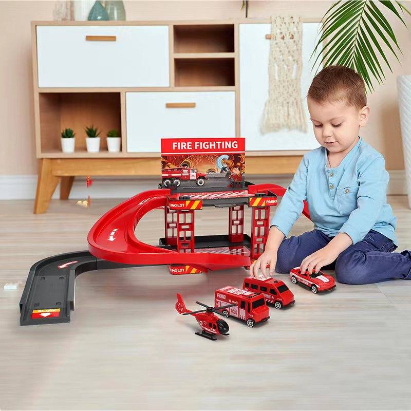 Children's Track Car Sliding Toys, First-floor Track Fire Engineering Vehicle, Dinosaur Parking Lot Toys, House Play Gifts
