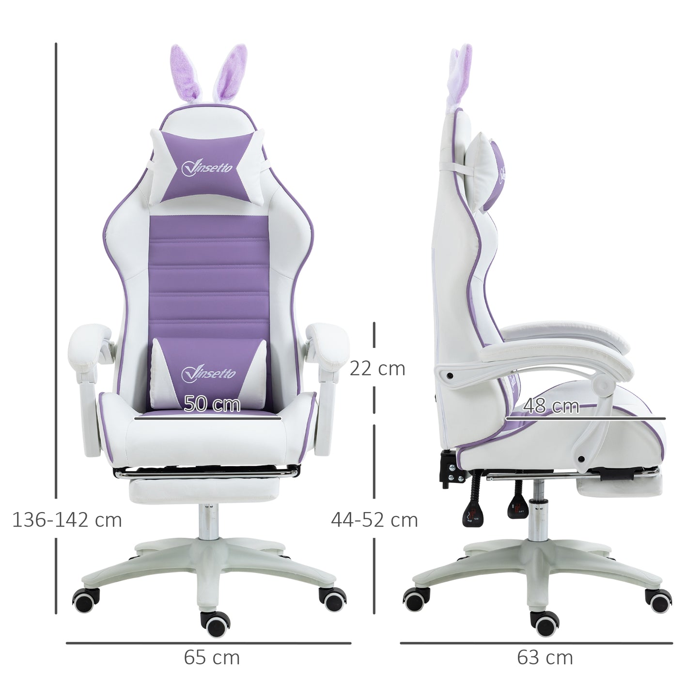 Vinsetto Racing Gaming Chair, Reclining PU Leather Computer Chair With Removable Rabbit Ears, Footrest, Headrest And Lumber Support, Purple