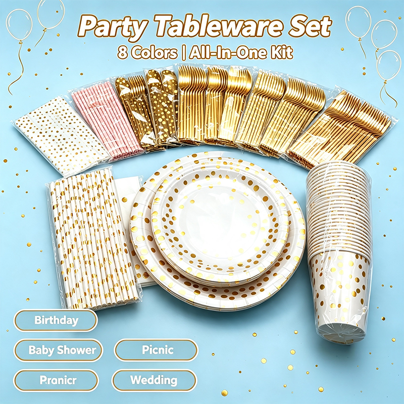 Disposable Gold Dot Party Tableware Set, Paper Plates Cups Napkins Straws Golden Cutlery Tablecloth, All In One Party Supplies For Birthday Baby Shower Wedding Picnic, 8 Colors Available