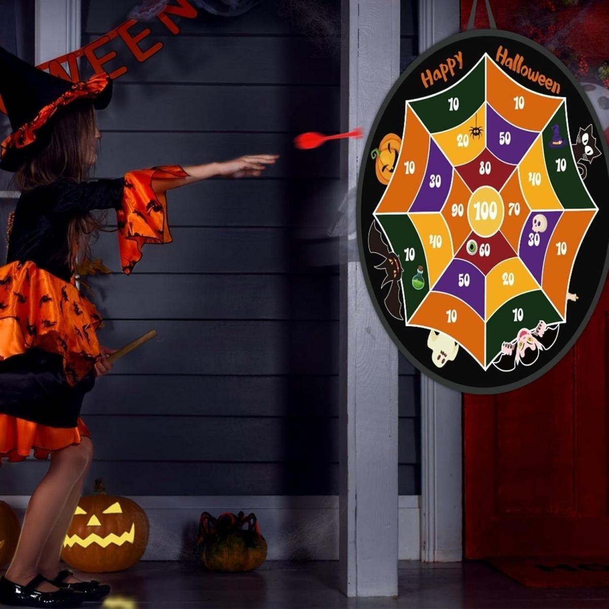 Halloween Spider Web Dartboard, Halloween Velcro Ball Game, 66 Cm Double-Sided Dart Game, Foldable Bat Throwing Game, Indoor/Outdoor Throwing Game