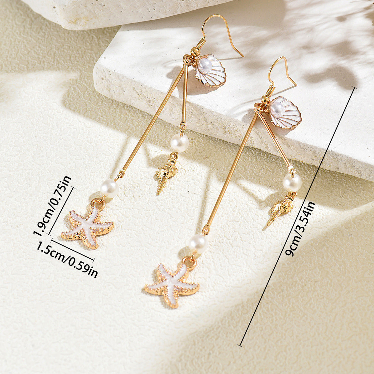 Cross-border European American Ocean Style Women Jewelry, Niche Long Drop Earrings With Shell & Starfish Pendant Inlaid Faux Pearl, Light Luxury Elegant Ear Accessories