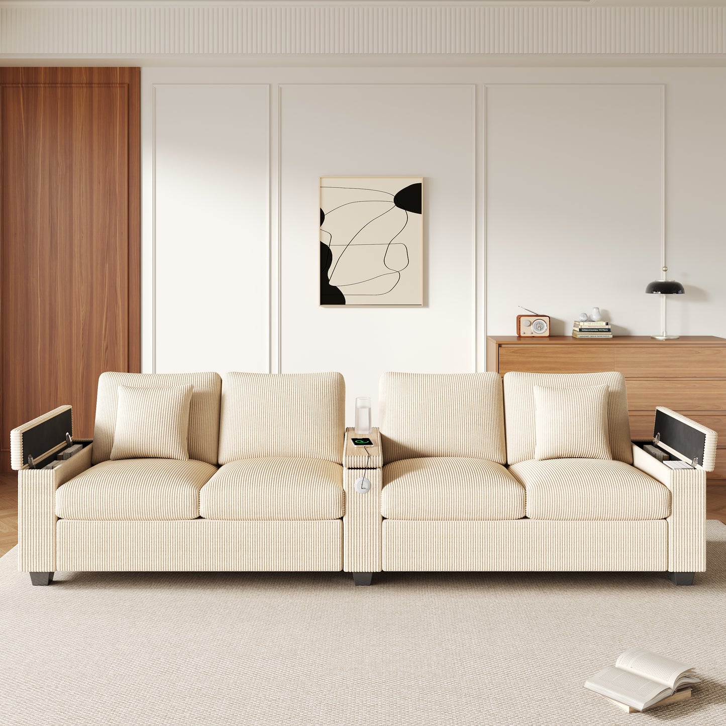 Modern 4-seater Corduroy Sofa, Living Room Sofa With USB USB-C Charging Function, Foldable Center Armrest, Hidden Storage Space, Comfortable Sofa For Office And Home, Beige.