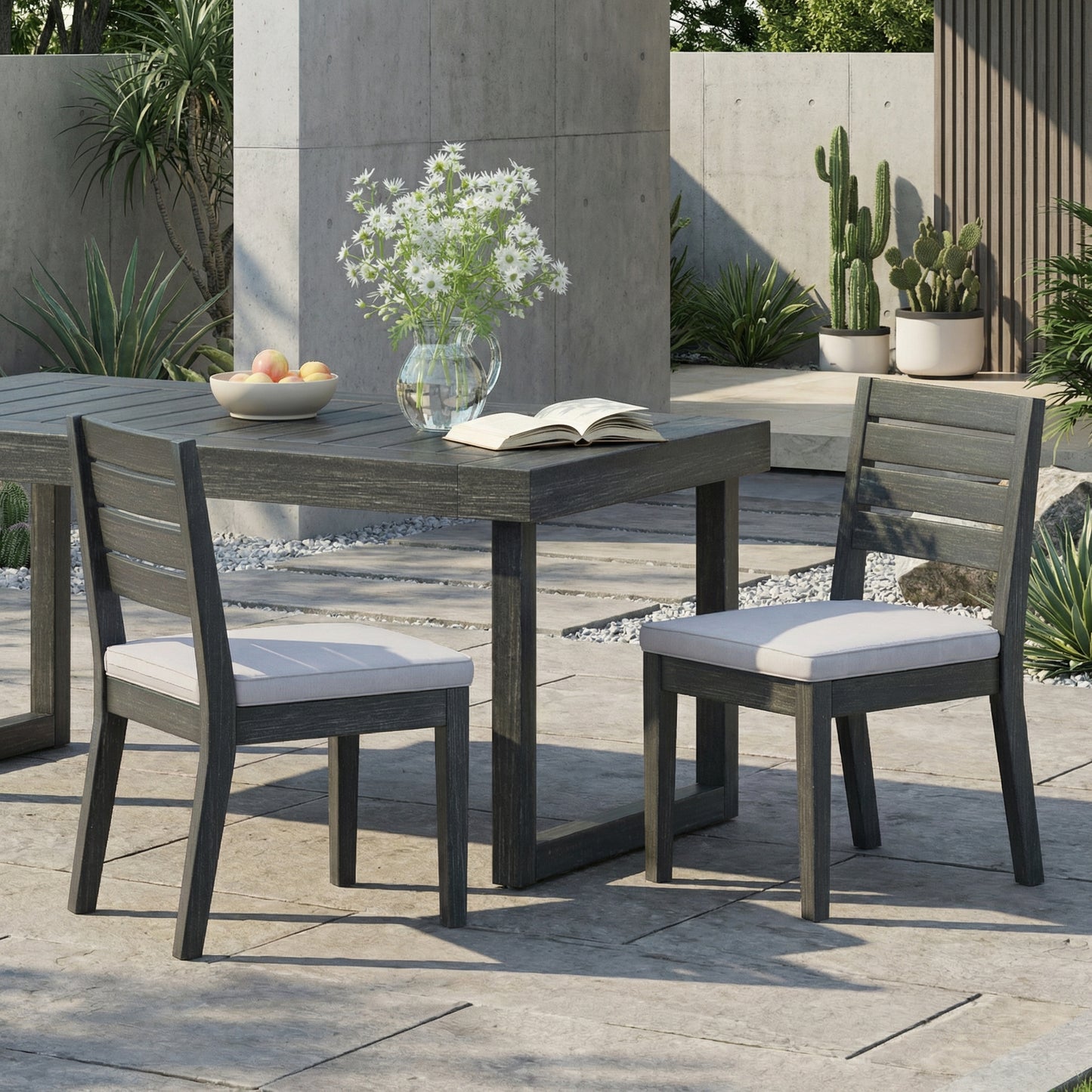 Outdoor Acacia Wood Armless Dining Chair With Cushions  Set Of 2  , Sandblasted Dark Gray   Light Gray