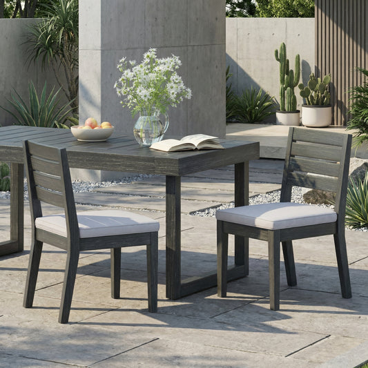 Outdoor Acacia Wood Armless Dining Chair With Cushions  Set Of 2  , Sandblasted Dark Gray   Light Gray