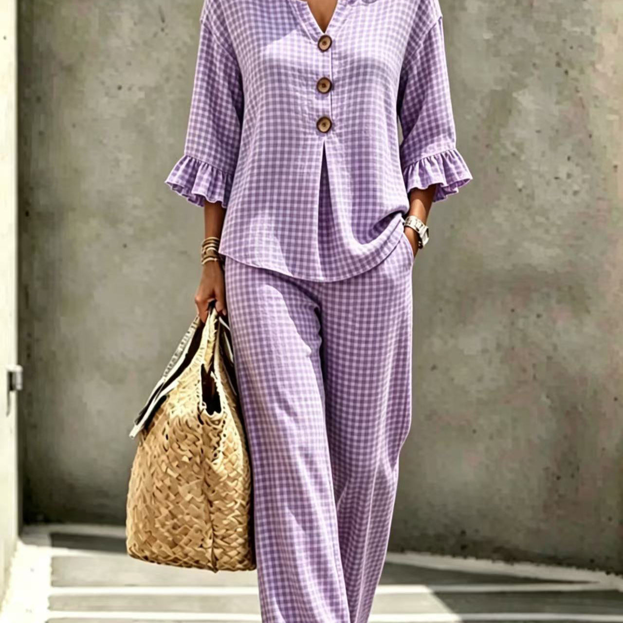 Womens New Casual Buttoned V-Neck Ruffled Hem Plaid Three-Quarter-Sleeve Top And Pants Set