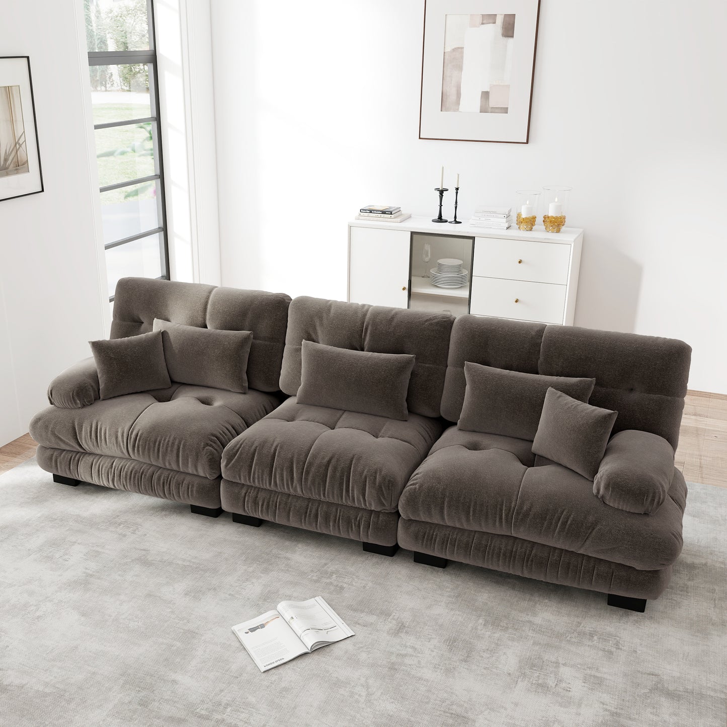 3 Seater Modular Corner Sofa With Deep Seat, Chenille Sofa Bed Comfortable Upholstered For Living Room, Apartment, Studio, Office, Chenille Brown