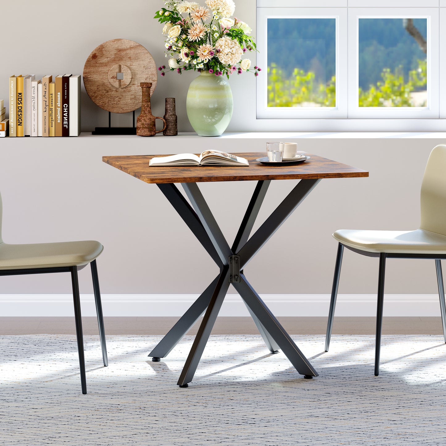 Rustic Square Side Table, X-Frame Metal Legs With Wood Grain Tabletop, Industrial Accent End Table For Living Room, Bedroom & Home Office, Brown, 31.5 X 31.5 X 29.5 Inches