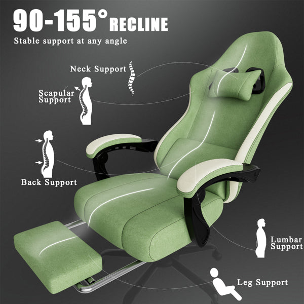Ergonomic Gaming Chair With Pocketed Spring Cushion, Breathable Fabric Computer Chair With Footrest, Adjustable Lumbar Support Video Game Chair For Adults, Green