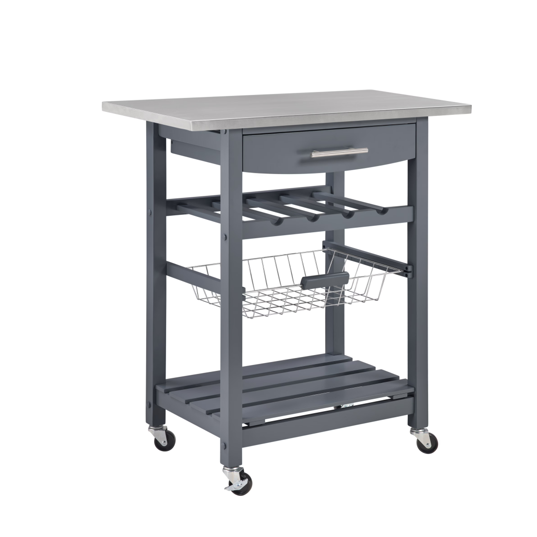 Mobile Rolling Kitchen Island Trolley Serving Cart With Underneath Drawer & Slide-Out Wire Storage Basket
