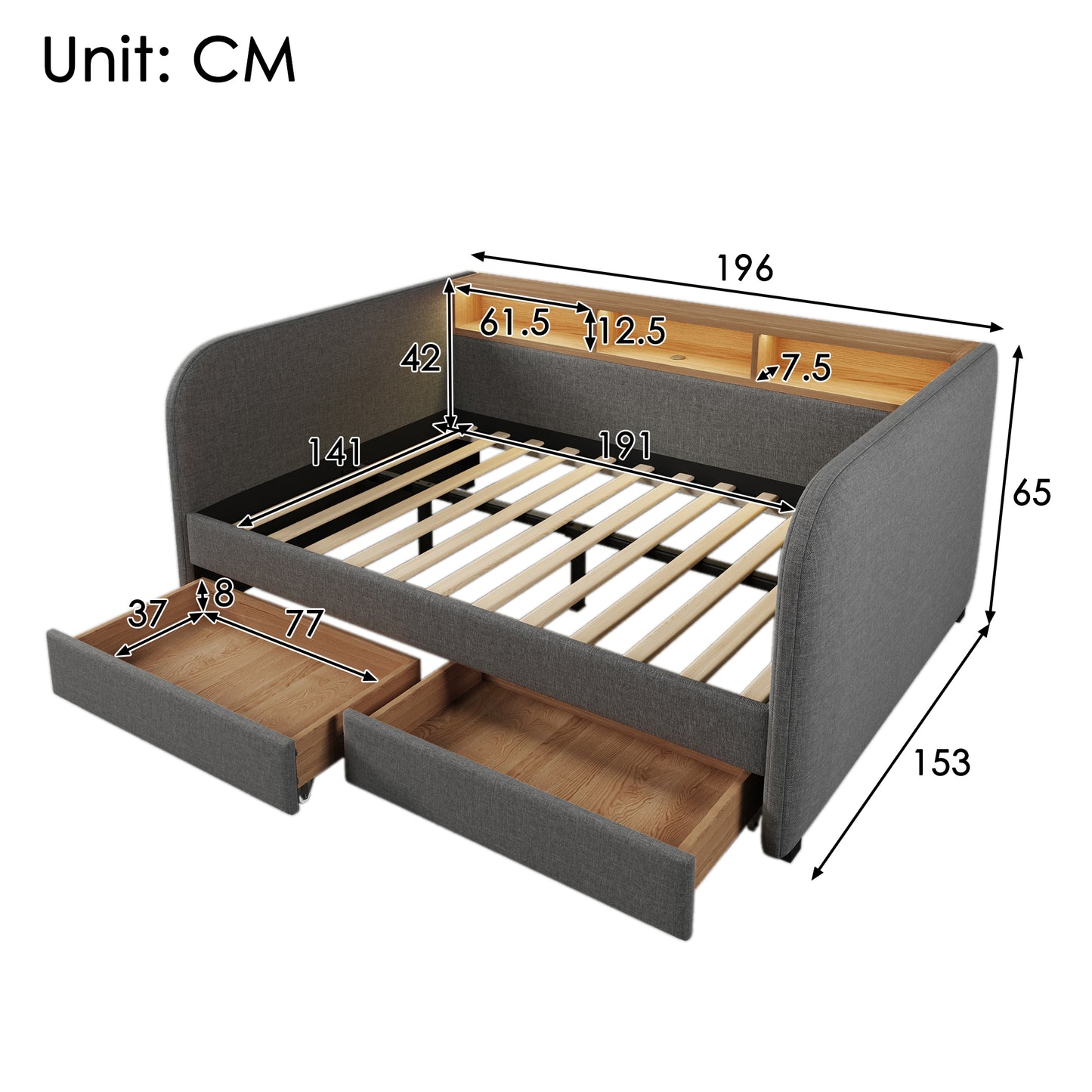 AB20754142G Upholstered Bed Daybed 140x190 Cm, Sofa Bed With LED And USB-C Charging, Daybed With 2 Drawers And Storage Headboard, Linen, Grey  Without Mattress