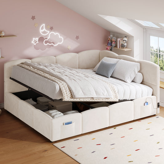 Sofa Bed, Children's Bed, Day Bed, Storage Room Bed, Sleeping Sofa 140x200 Cm, With Latte Bed, USB Charging Device, Storage Pocket, Youth Bed And Adult Children's Bed, Velvet, Beige Without Mattress
